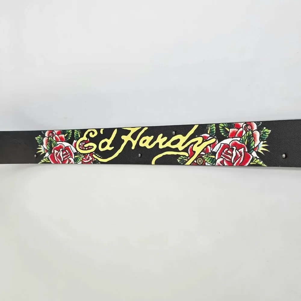 Ed Hardy Men's Skull Rose Print Black Belt With Rivet Studs Size 36 Y2K Punk New